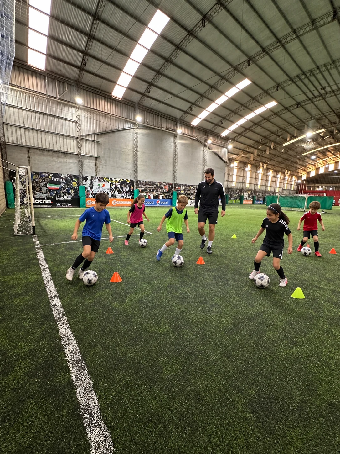 Escena ilustrativa de escuela de fútbol sobre una foto real del complejo